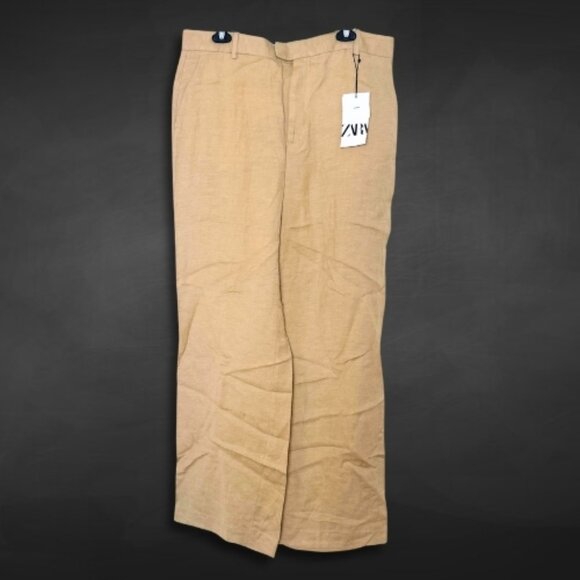 Zara NWT Wide Leg Linen Pants Relaxed Fit Belt Loops‎ Functional Pockets Tan XL - Picture 1 of 9